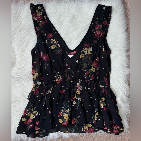 Cinq a Sept Black Floral Luna Sleeveless Ruffle Top Frayed Hem - Picture 2 of 7